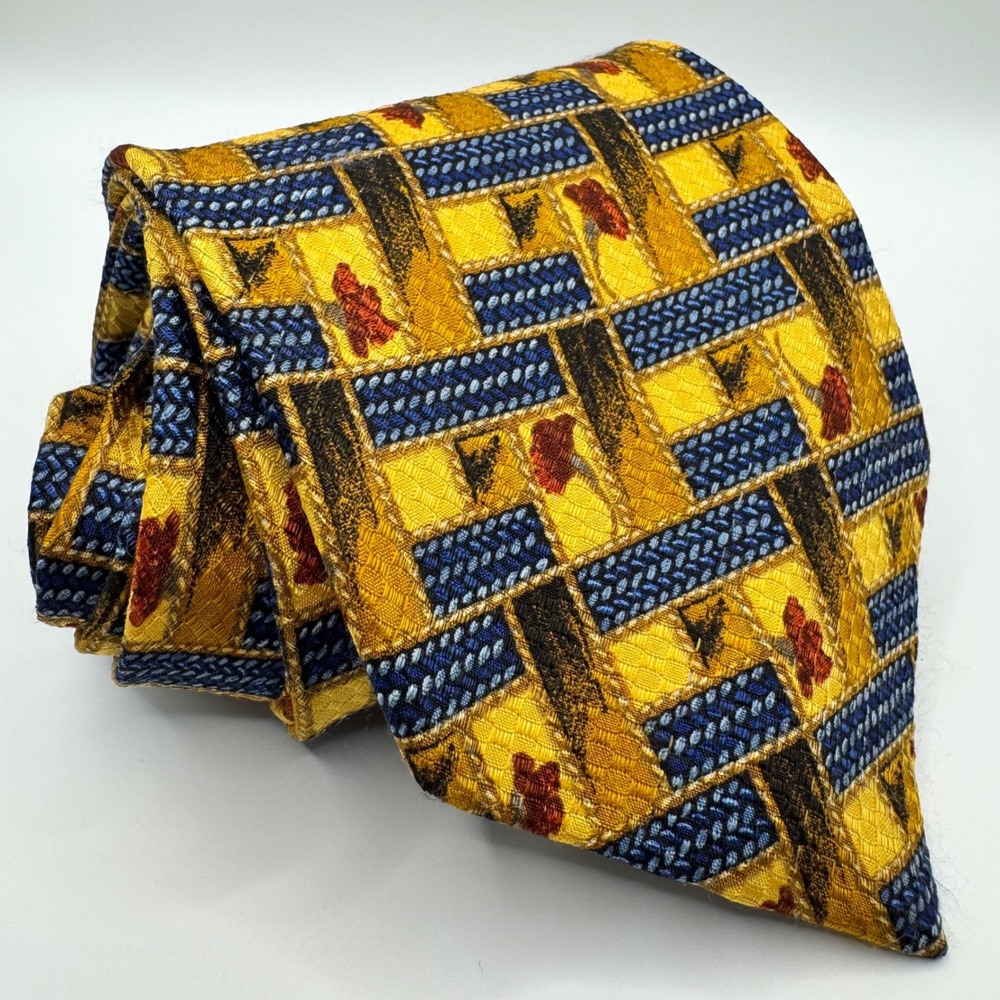 Ermenegildo Zegna Mens Silk Tie Yellow Blue Geometric Floral Weave Italy Luxury